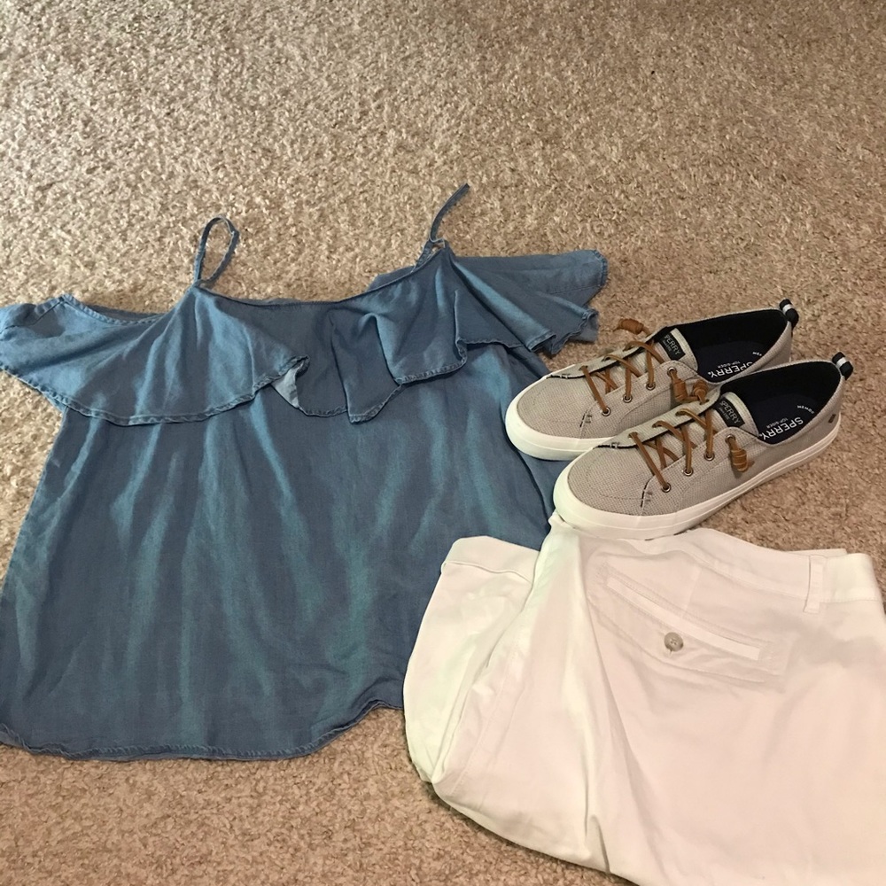 Chambray cold shoulder top